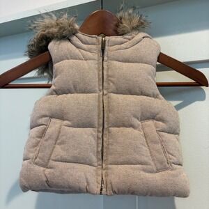 Baby Gap Puffer Vest Cream Faux‎ Fur Hood Quilted Sparkle Baby Girl 12 18 Mos.